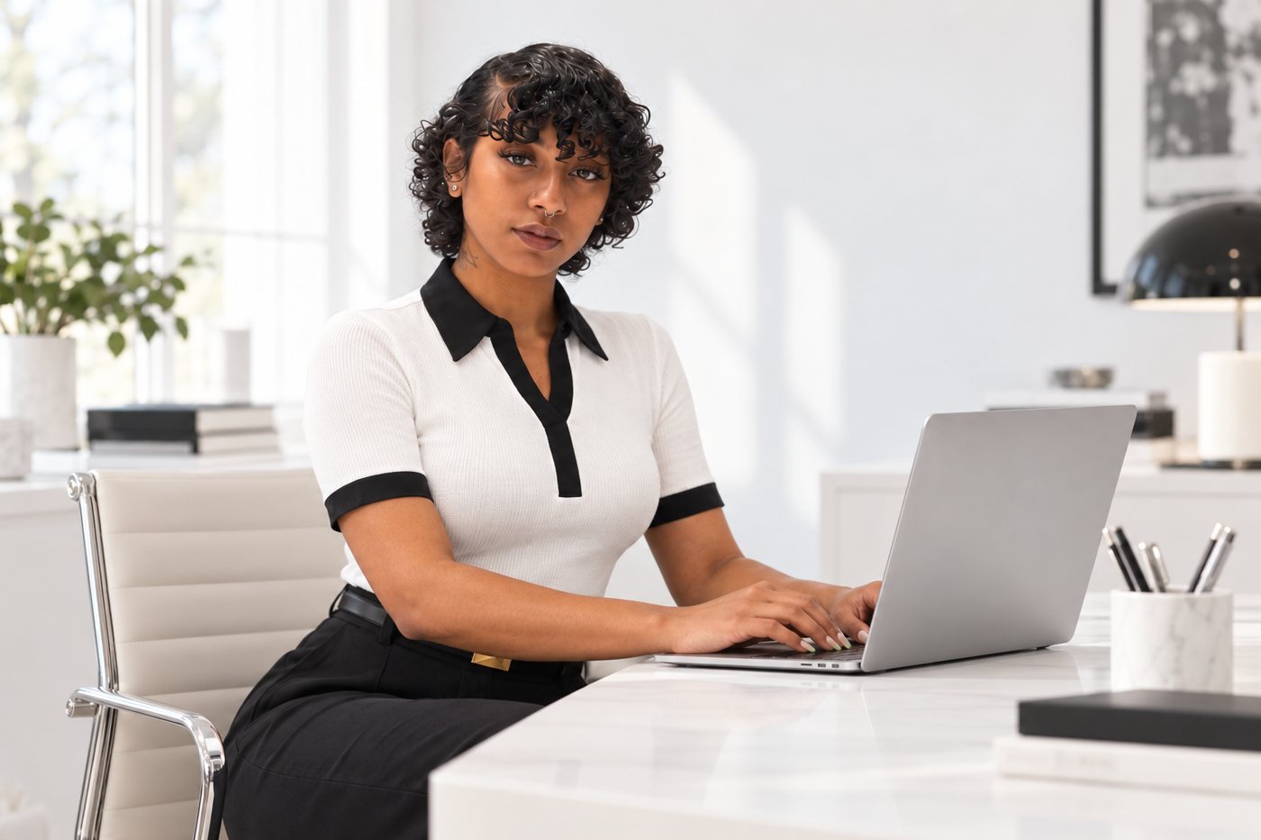 Ren working at her laptop